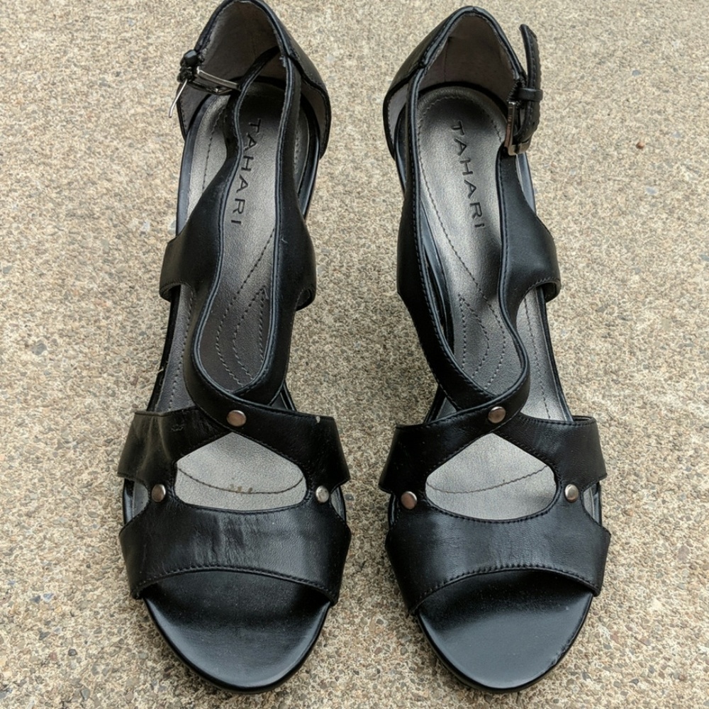 Women's Tahari Black Open Toe Heels Leather 8M